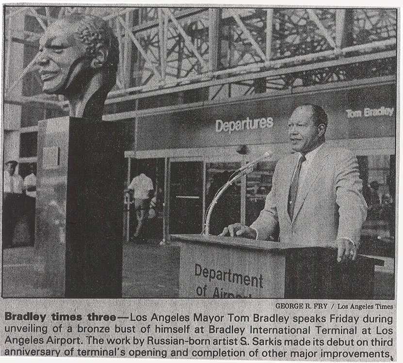 Figure 3: Los Angeles Mayjor Tom Bradley speaks Friday during unveiling of a bronze bust of himself at Bradley International Terminal at Los Angeles Airport.  The work by Russian-born artist S. Sarkis made its debut on the third anniversary of terminal's opening and completion of other major improvements.